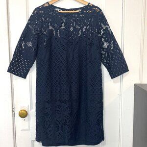 LOFT Outlet Women's Navy Blue Lace 3/4 Sleeve Mini Shift Dress w/ Slip, Size 10